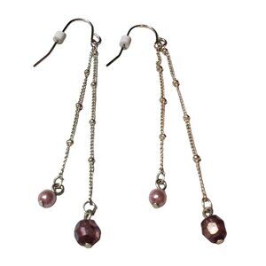 Elegant Dangling Earrings With Pink Beads & Silver Chains